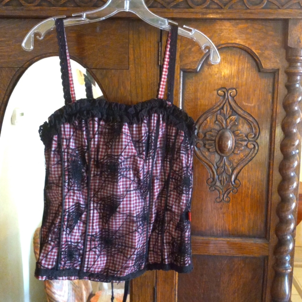 TRIPP NYC CORSET , BLACK SPIDER WEB LACE OVER GINGHAM  L / XL